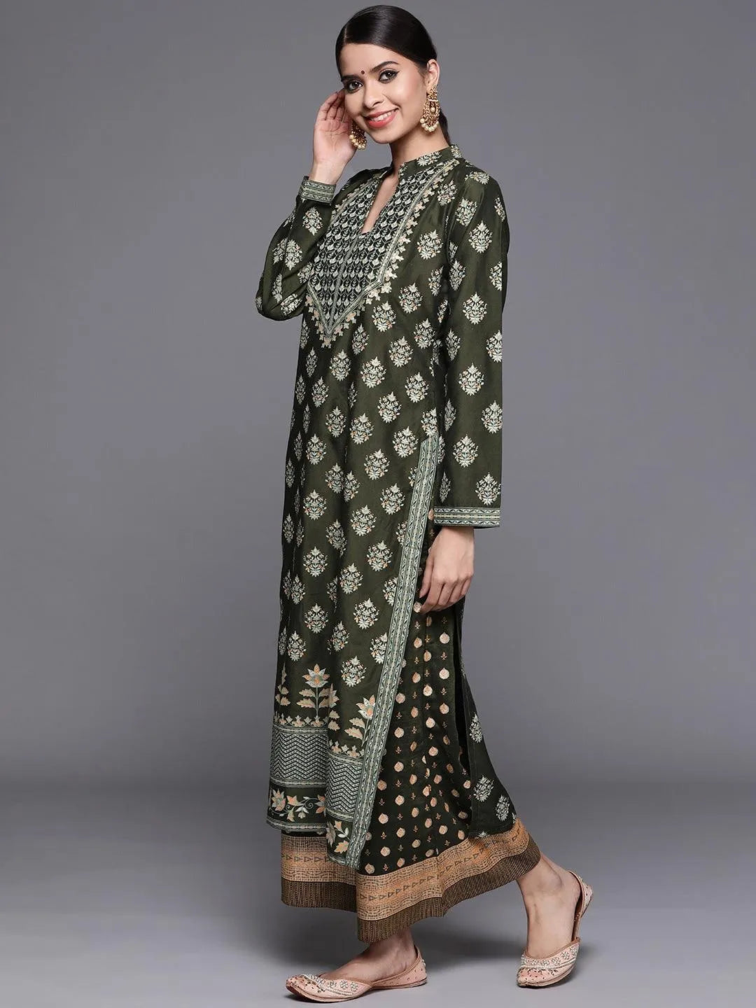 Green Printed Silk Blend Suit Set - Libas 