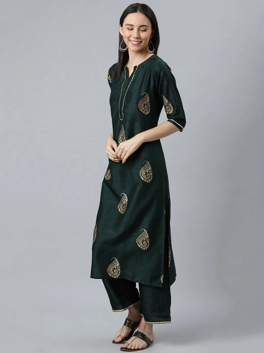 Green Printed Silk Blend Suit Set - Libas 