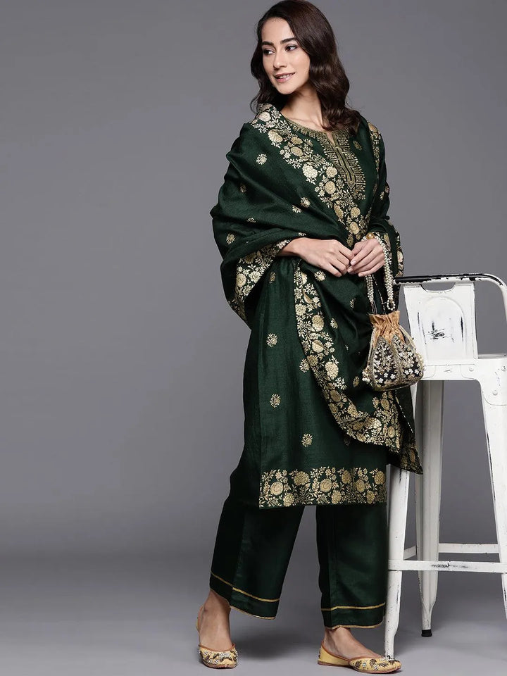 Green Printed Silk Blend Suit Set - Libas