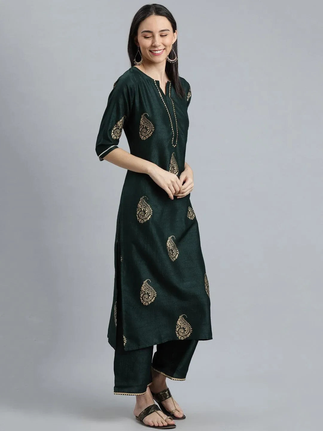 Green Printed Silk Blend Suit Set - Libas 