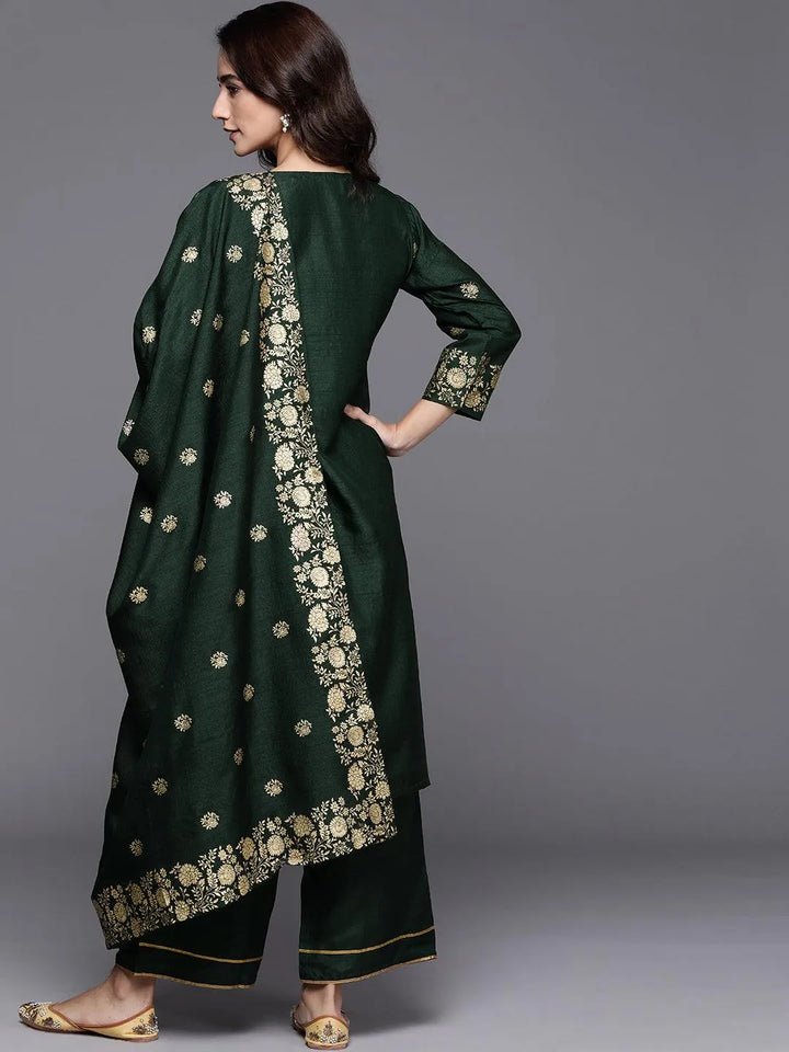 Green Printed Silk Blend Suit Set - Libas