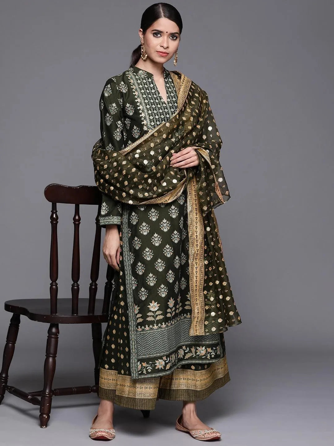 Green Printed Silk Blend Suit Set - Libas 