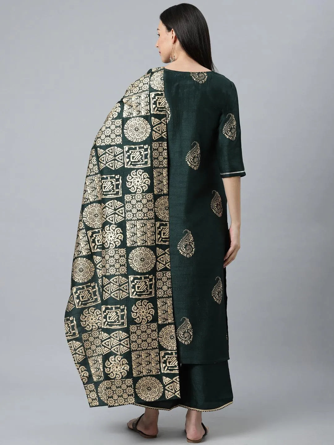 Green Printed Silk Blend Suit Set - Libas 