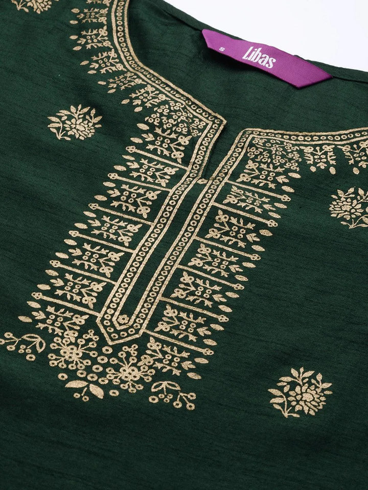 Green Printed Silk Blend Suit Set - Libas