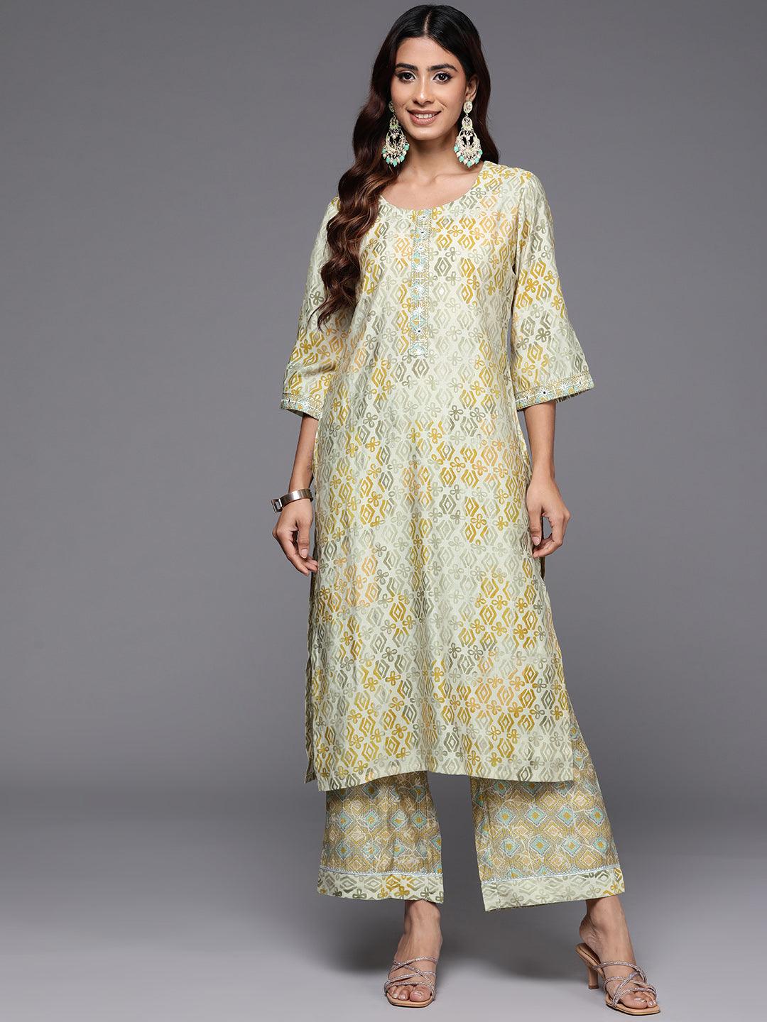 Green Printed Silk Blend Straight Kurta With Palazzos - Libas