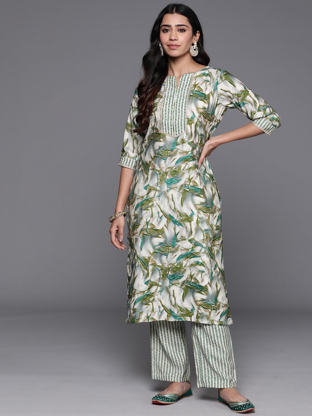 Green Printed Silk Blend Straight Kurta With Palazzos - Libas 