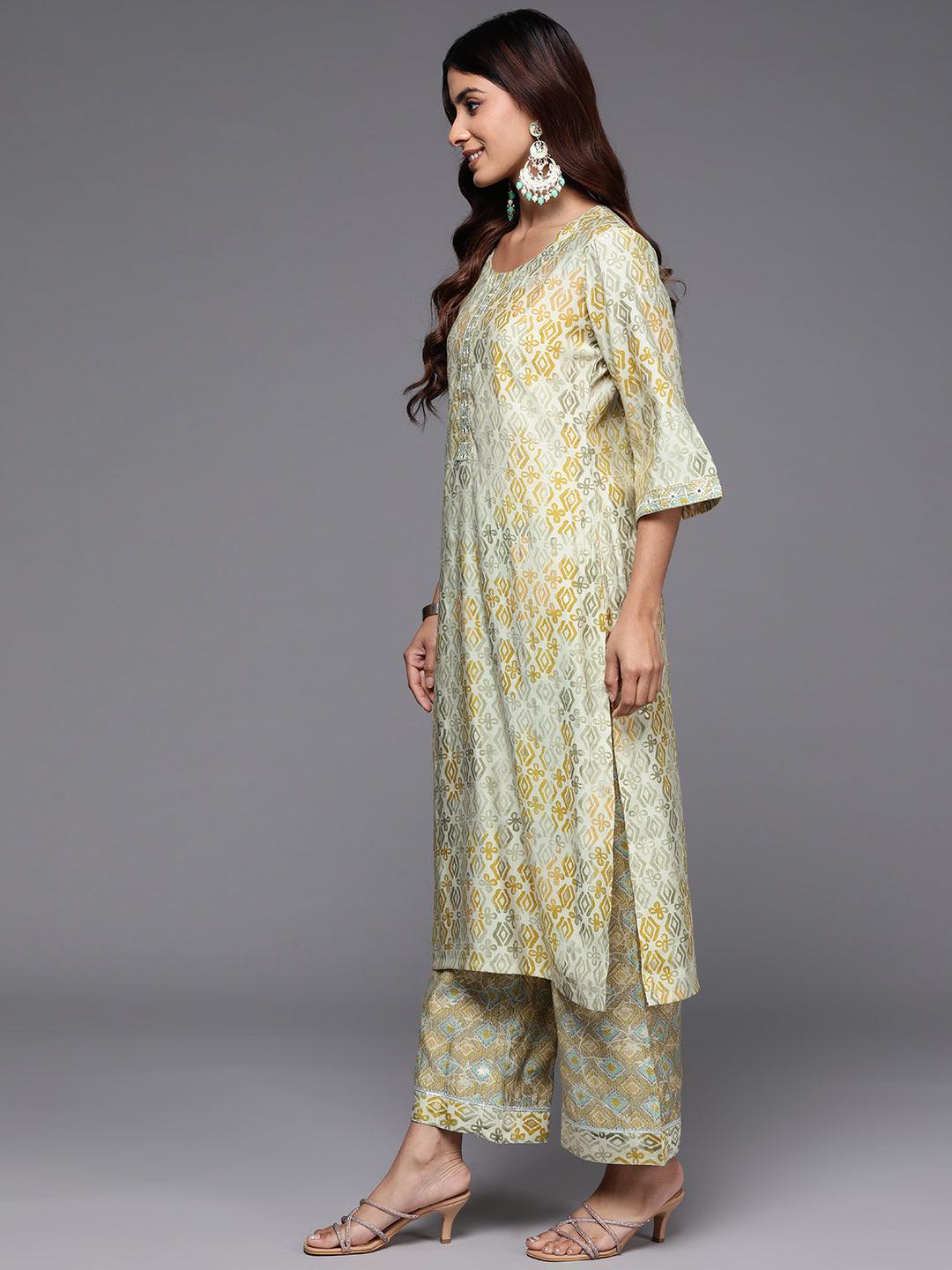 Green Printed Silk Blend Straight Kurta With Palazzos - Libas 