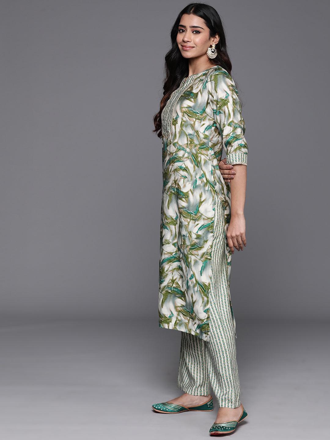 Green Printed Silk Blend Straight Kurta With Palazzos - Libas 