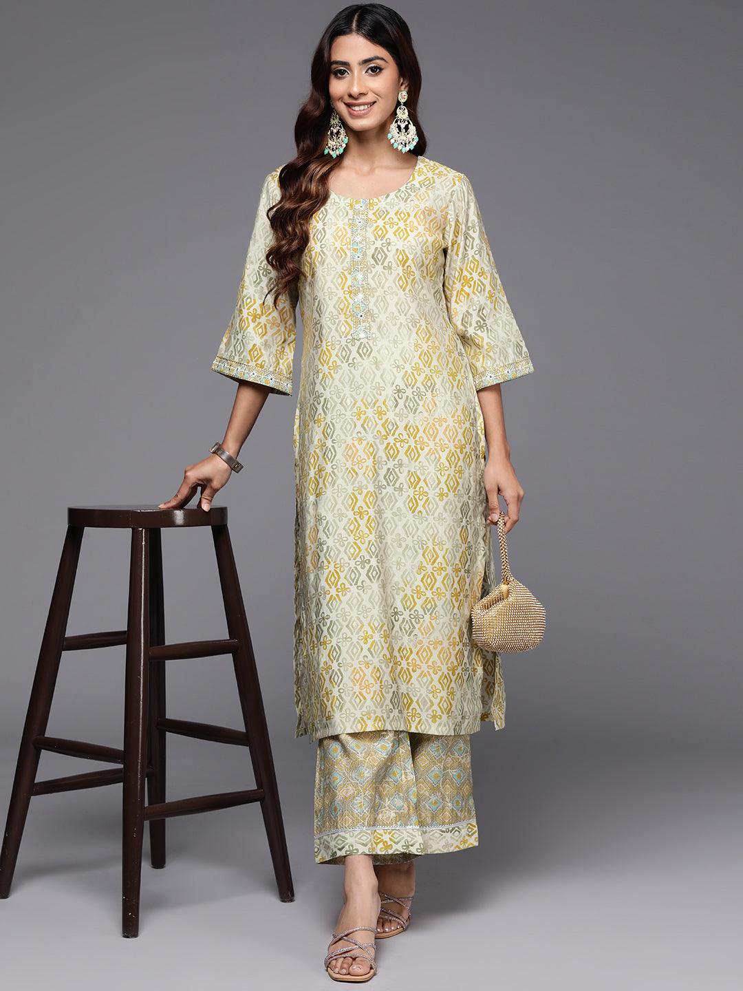 Green Printed Silk Blend Straight Kurta With Palazzos - Libas 