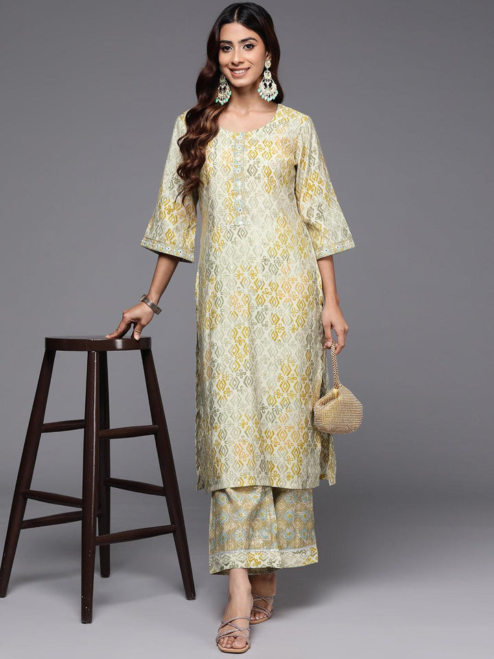 Green Printed Silk Blend Straight Kurta With Palazzos - Libas