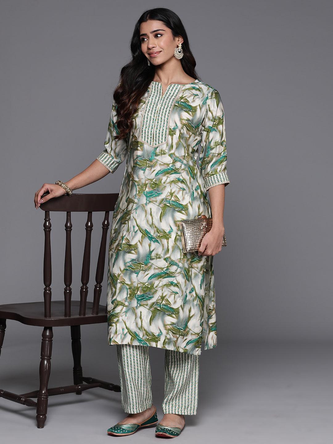 Green Printed Silk Blend Straight Kurta With Palazzos - Libas 