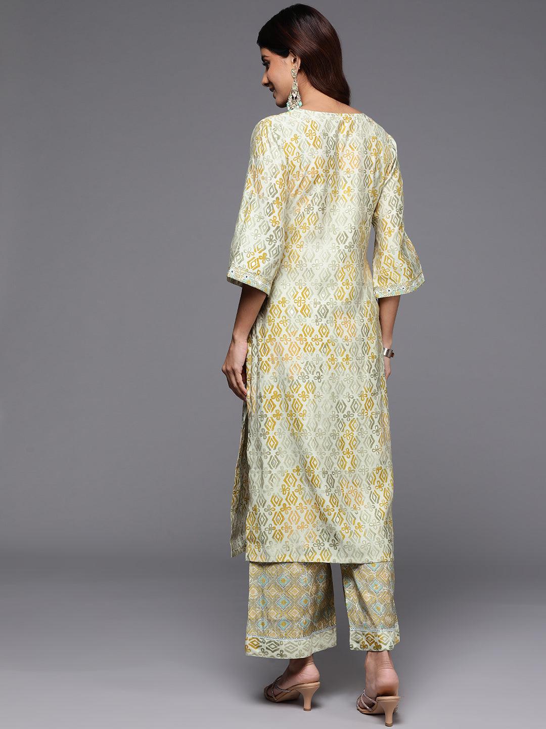 Green Printed Silk Blend Straight Kurta With Palazzos - Libas