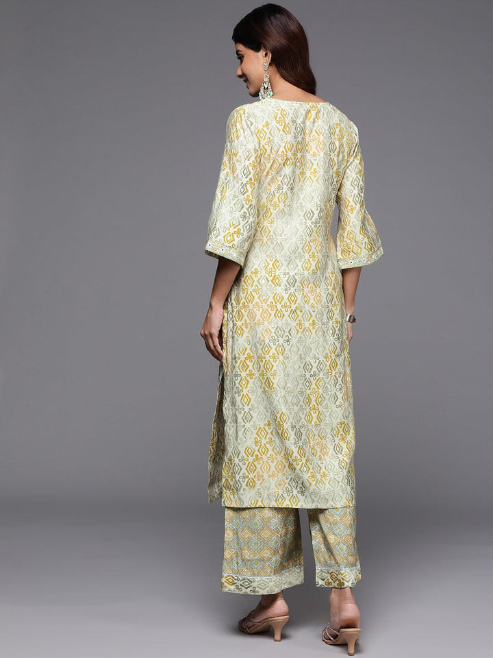 Green Printed Silk Blend Straight Kurta With Palazzos - Libas