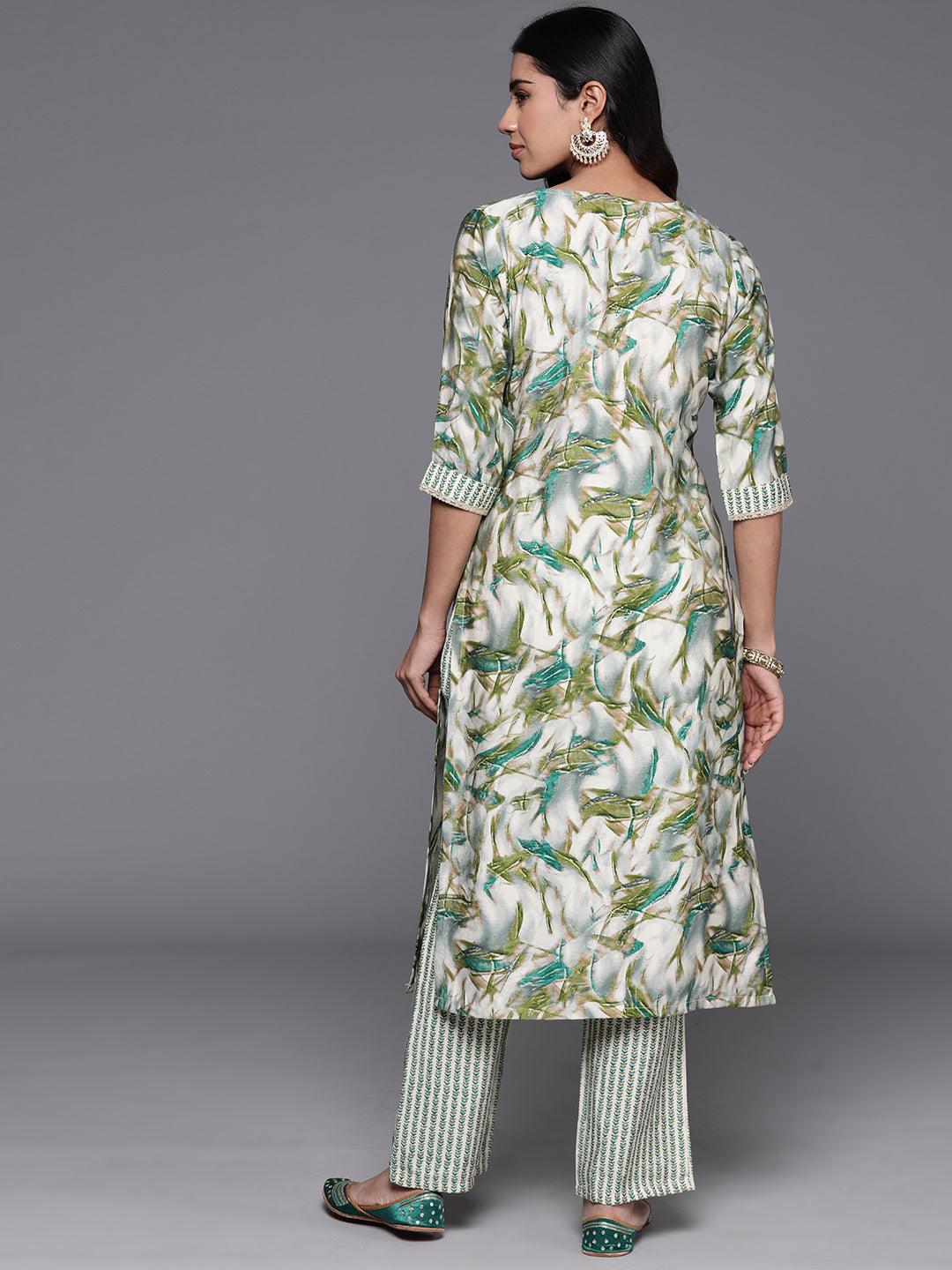 Green Printed Silk Blend Straight Kurta With Palazzos - Libas 