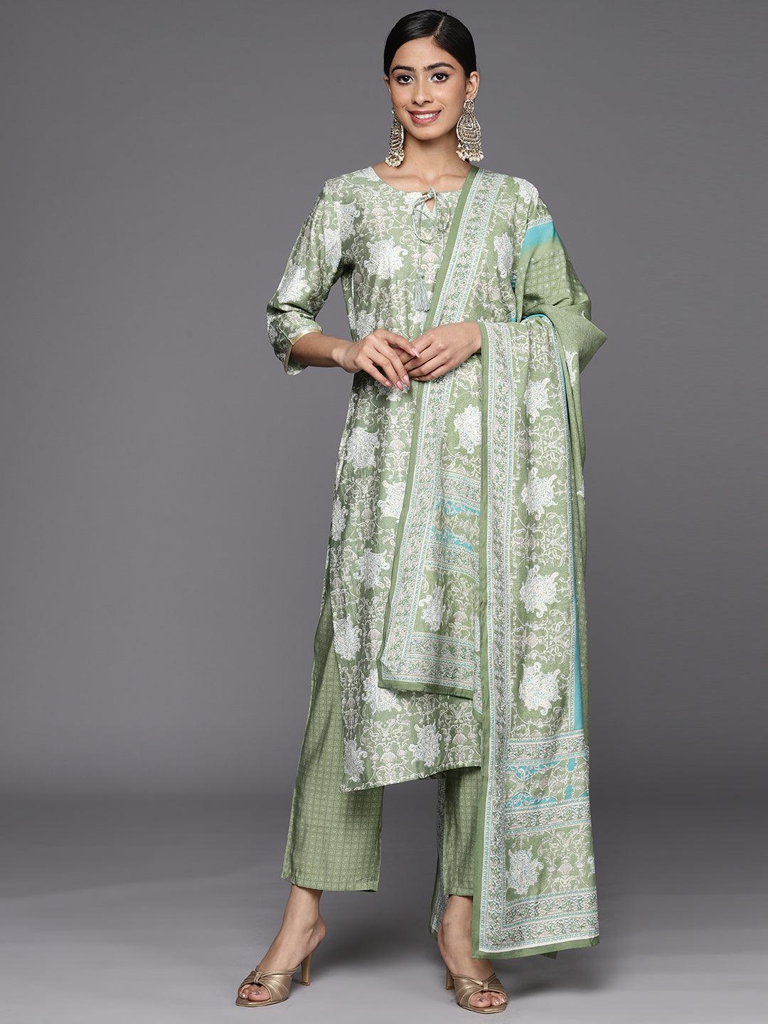 Green Printed Silk Blend Straight Suit Set With Trousers - Libas 