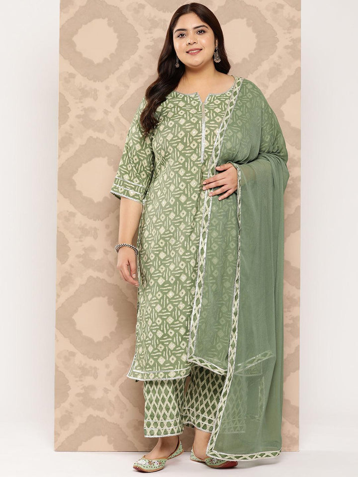 Green Printed Silk Blend Straight Kurta With Trousers and Dupatta - Libas