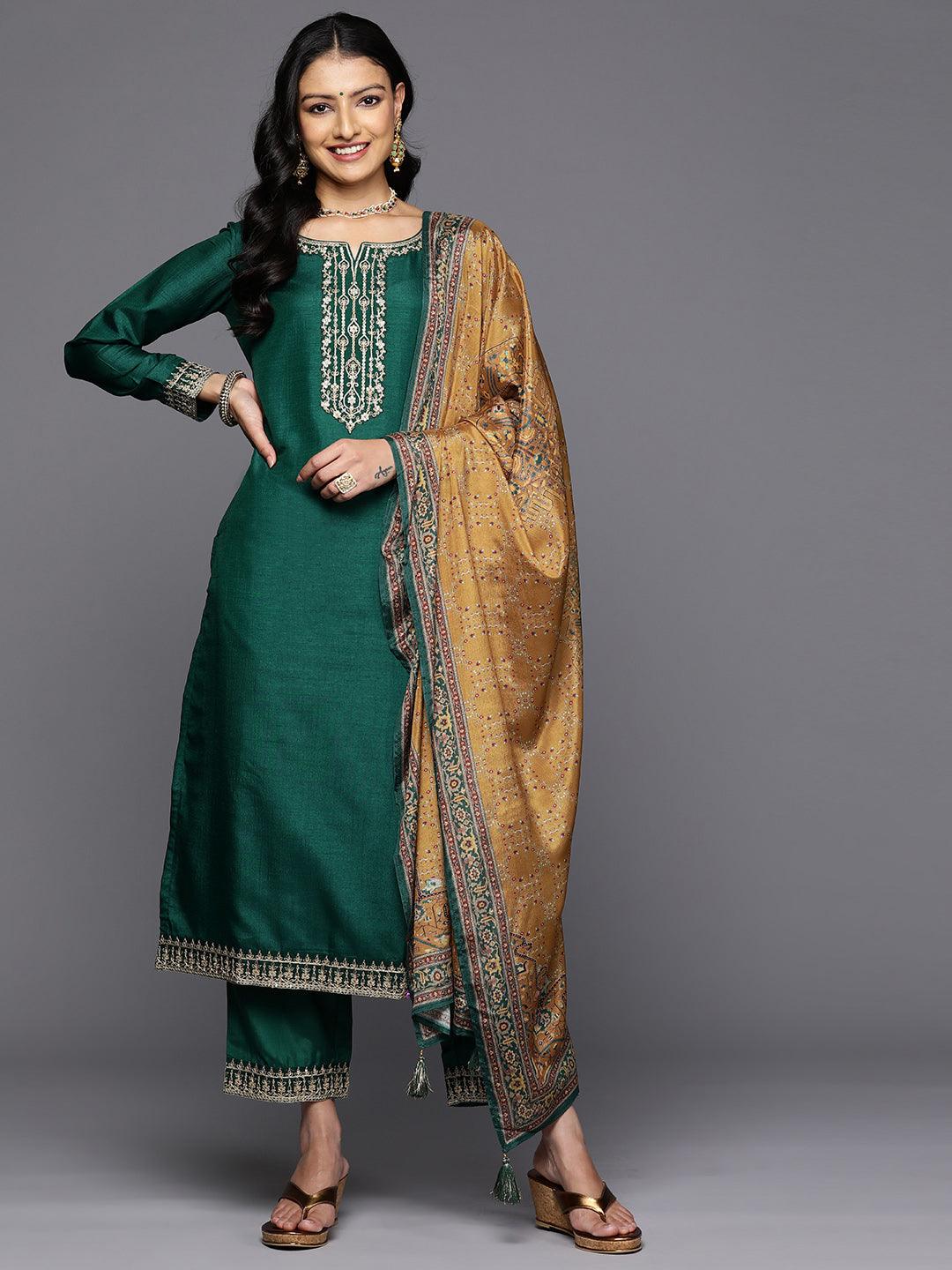 Green Printed Silk Blend Straight Kurta With Trousers & Dupatta - Libas