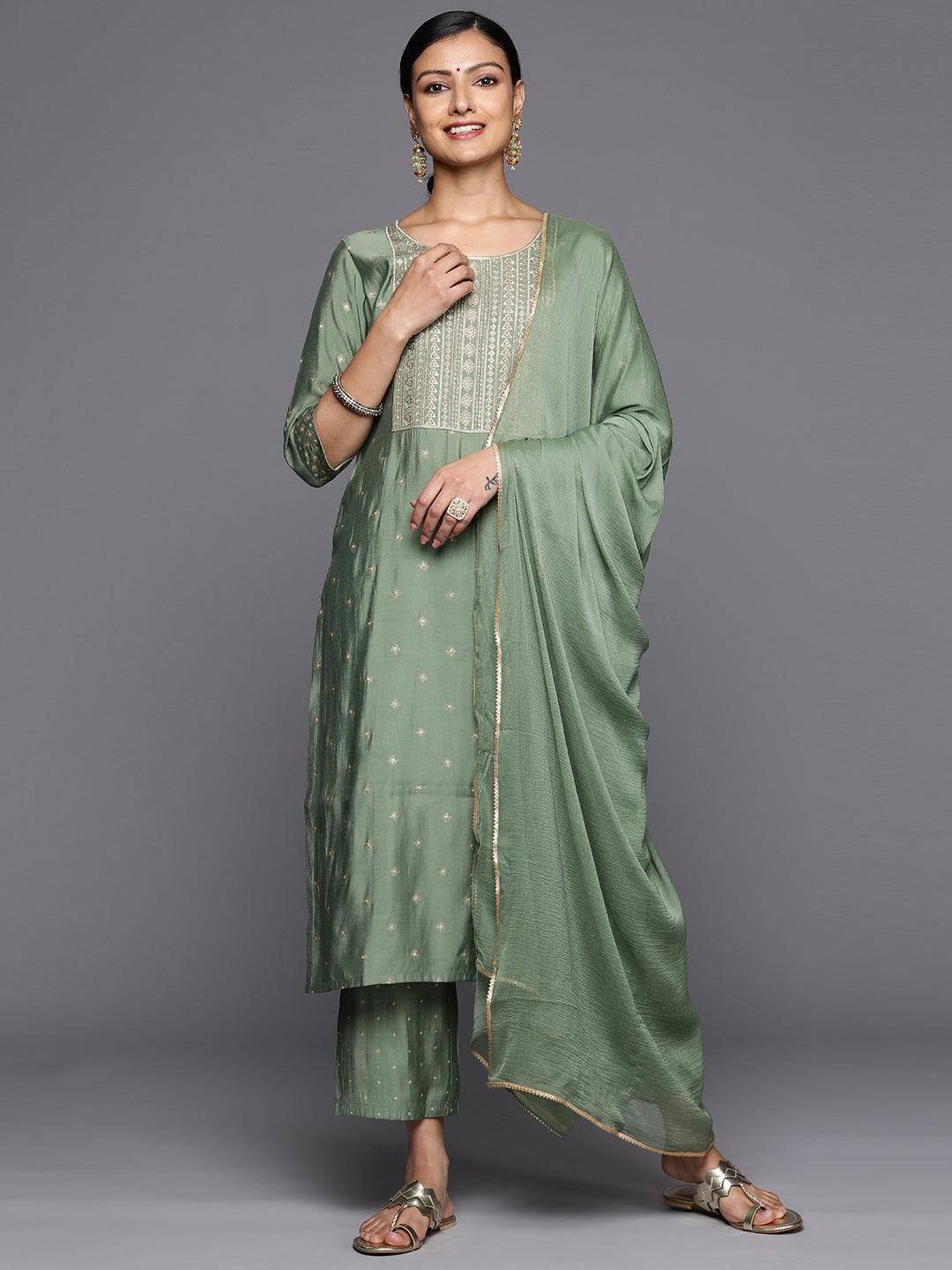 Green Printed Silk Blend Straight Kurta With Trousers & Dupatta - Libas