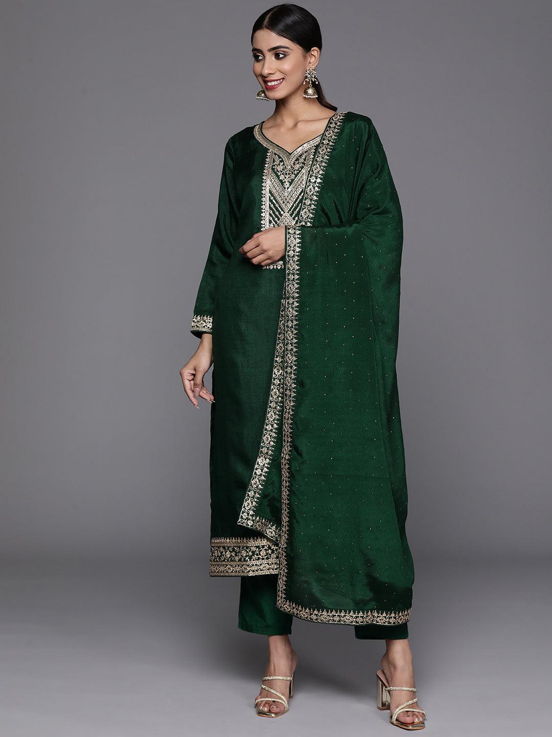 Green Printed Silk Blend Straight Kurta With Trousers & Dupatta - Libas