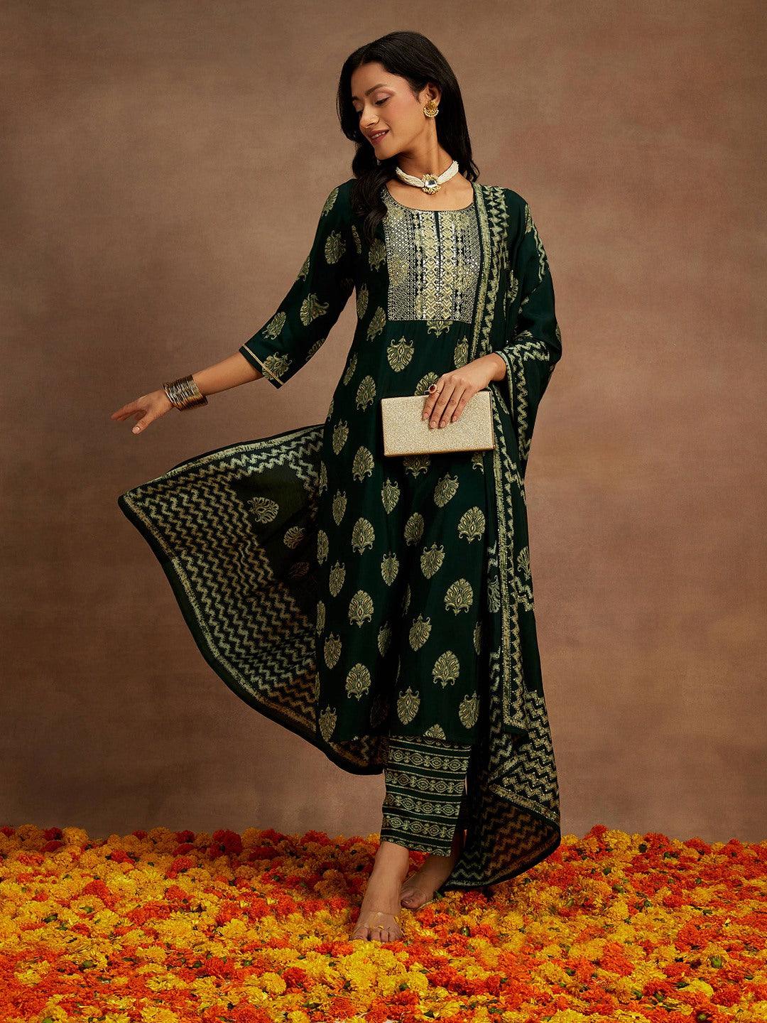 Green Printed Silk Blend Straight Kurta With Trousers & Dupatta - Libas