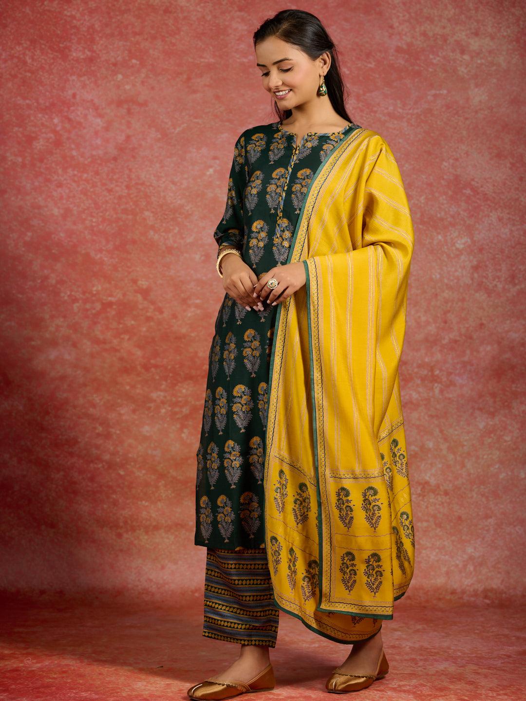 Green Printed Silk Blend Straight Kurta With Trousers & Dupatta - Libas 