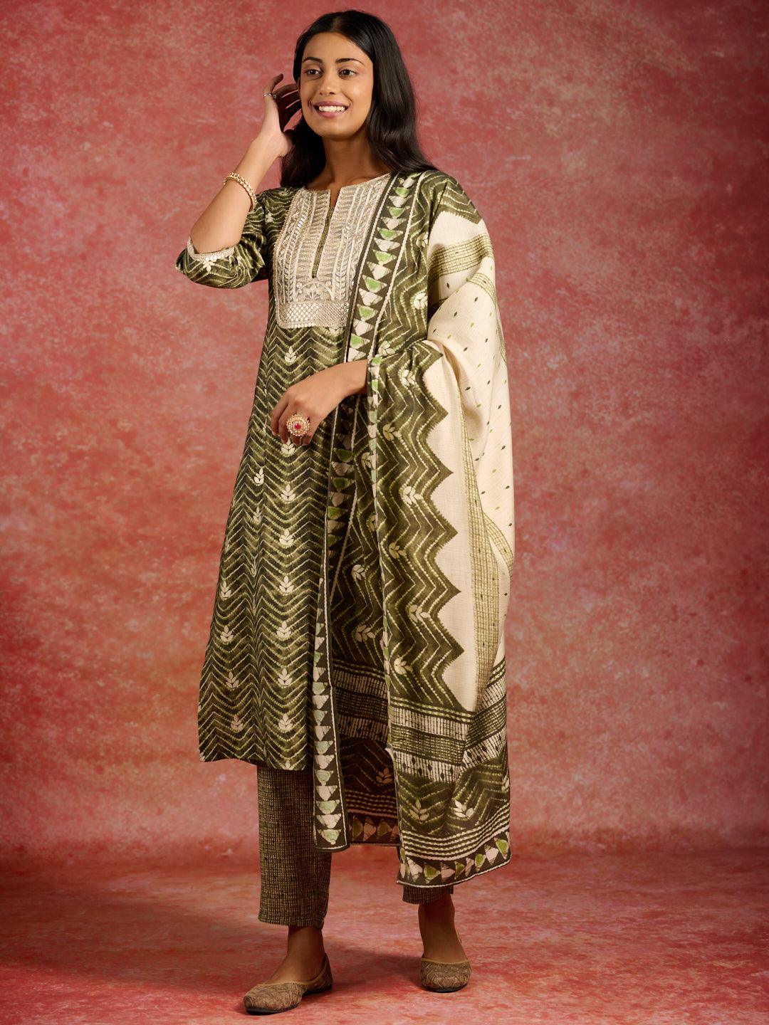 Green Printed Silk Blend Straight Kurta With Trousers & Dupatta - Libas 