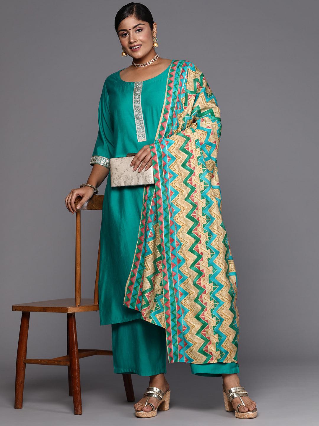 Green Printed Silk Blend Straight Kurta With Trousers & Dupatta - Libas