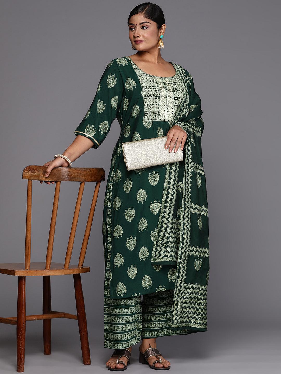 Green Printed Silk Blend Straight Kurta With Trousers & Dupatta - Libas 