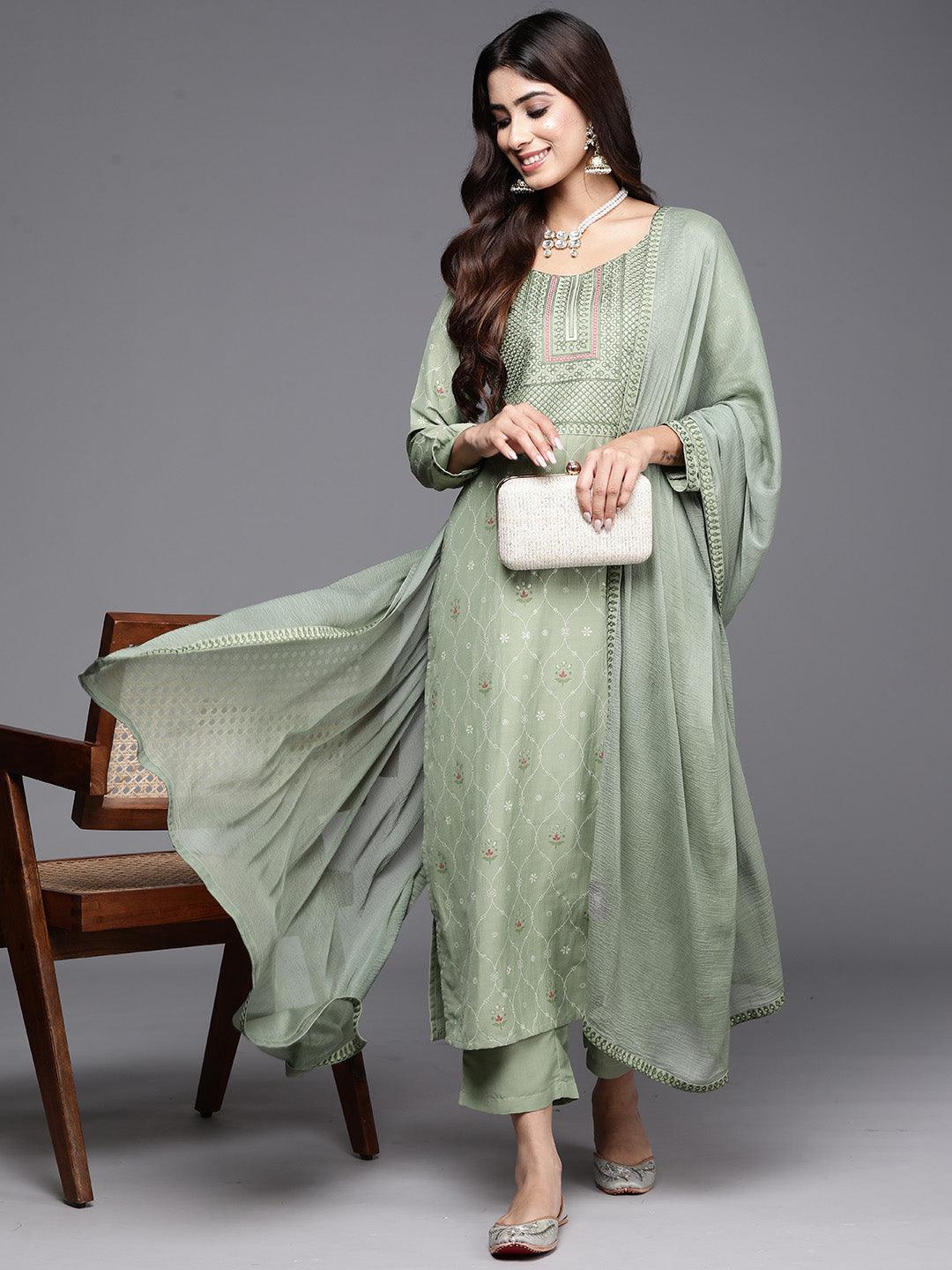 Green Printed Silk Blend Straight Kurta With Trousers & Dupatta - Libas 