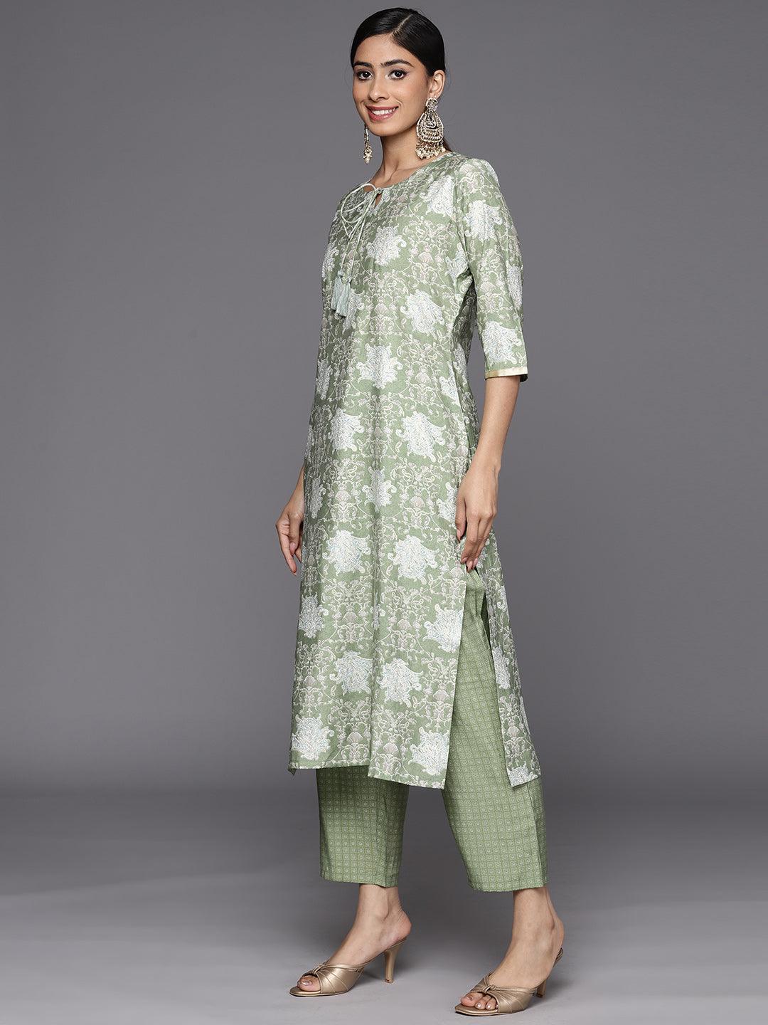 Green Printed Silk Blend Straight Suit Set With Trousers - Libas 