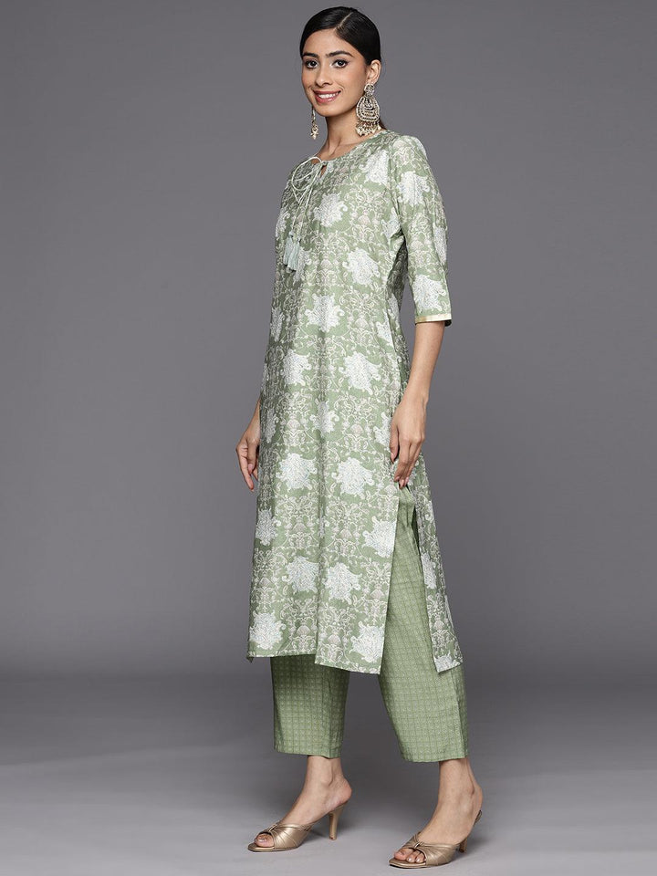 Green Printed Silk Blend Straight Suit Set With Trousers - Libas