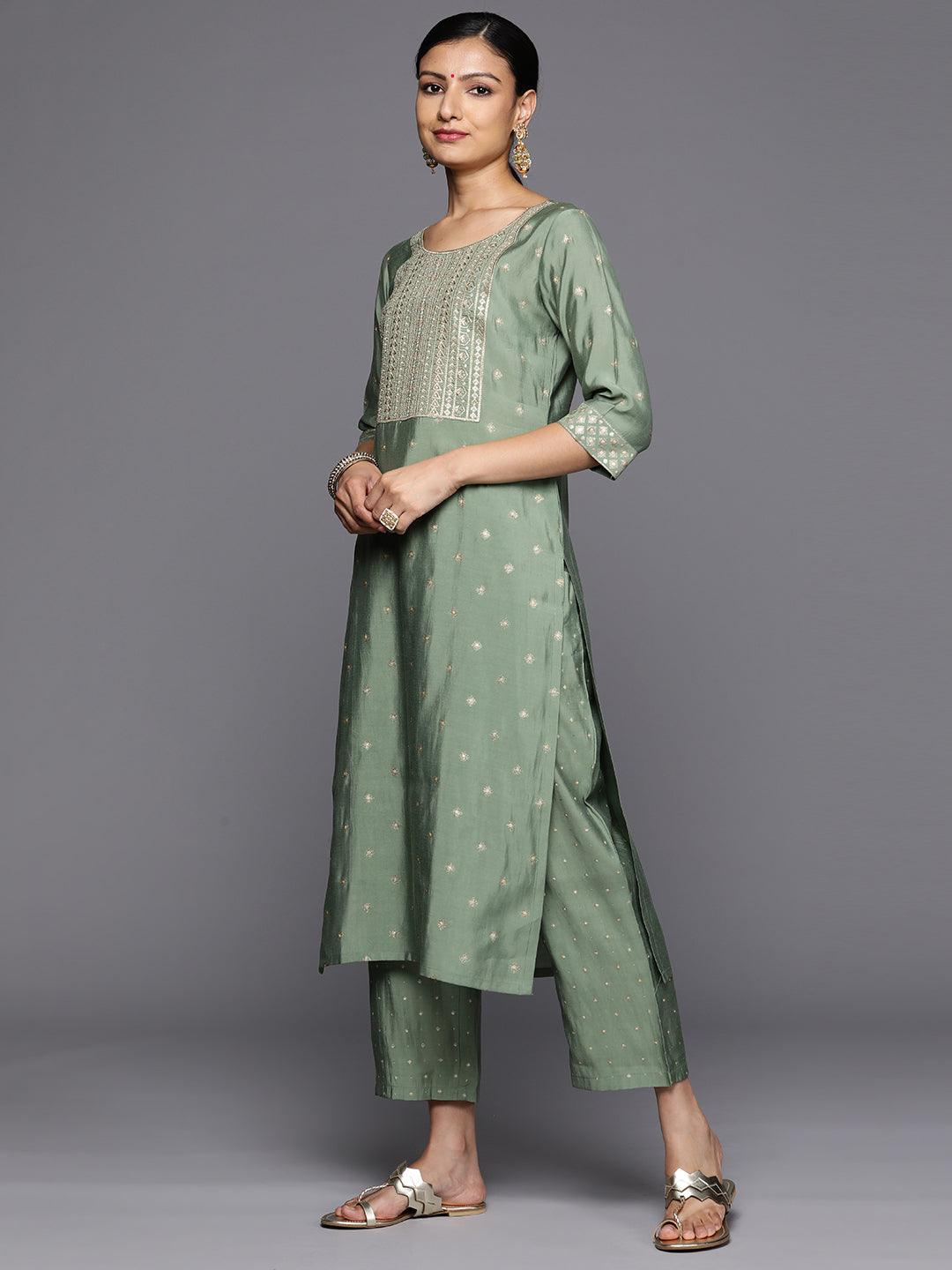 Green Printed Silk Blend Straight Kurta With Trousers & Dupatta - Libas