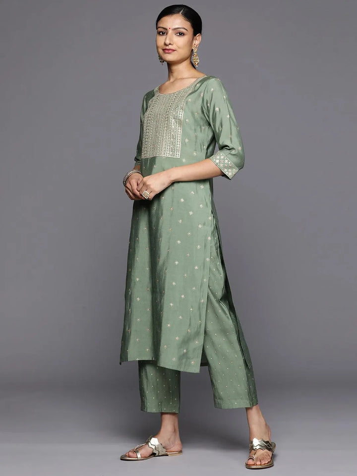 Green Printed Silk Blend Straight Kurta With Trousers & Dupatta - Libas