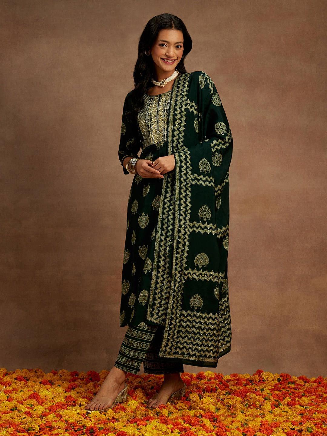 Green Printed Silk Blend Straight Kurta With Trousers & Dupatta - Libas 