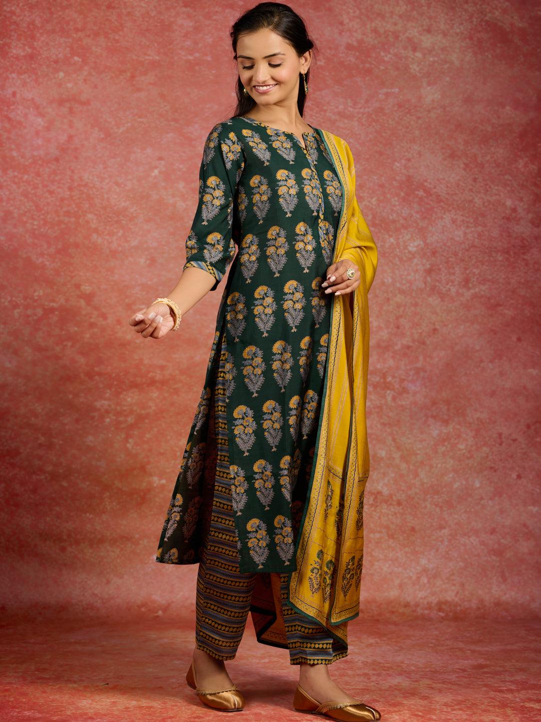 Green Printed Silk Blend Straight Kurta With Trousers & Dupatta - Libas 