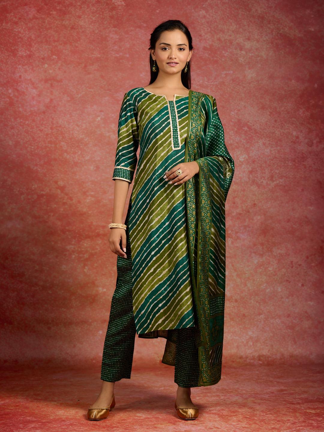 Green Printed Silk Blend Straight Kurta With Trousers & Dupatta - Libas 