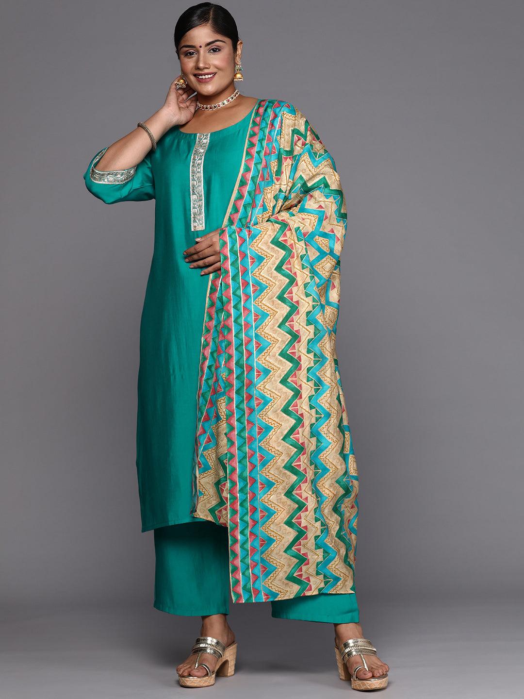 Green Printed Silk Blend Straight Kurta With Trousers & Dupatta - Libas