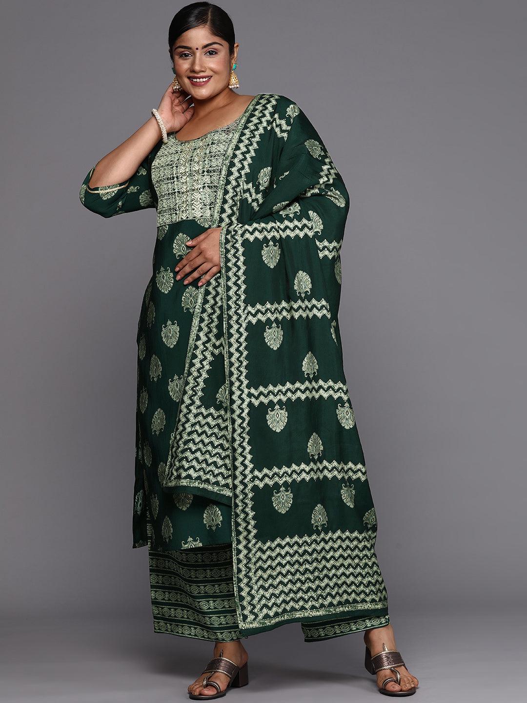 Green Printed Silk Blend Straight Kurta With Trousers & Dupatta - Libas 