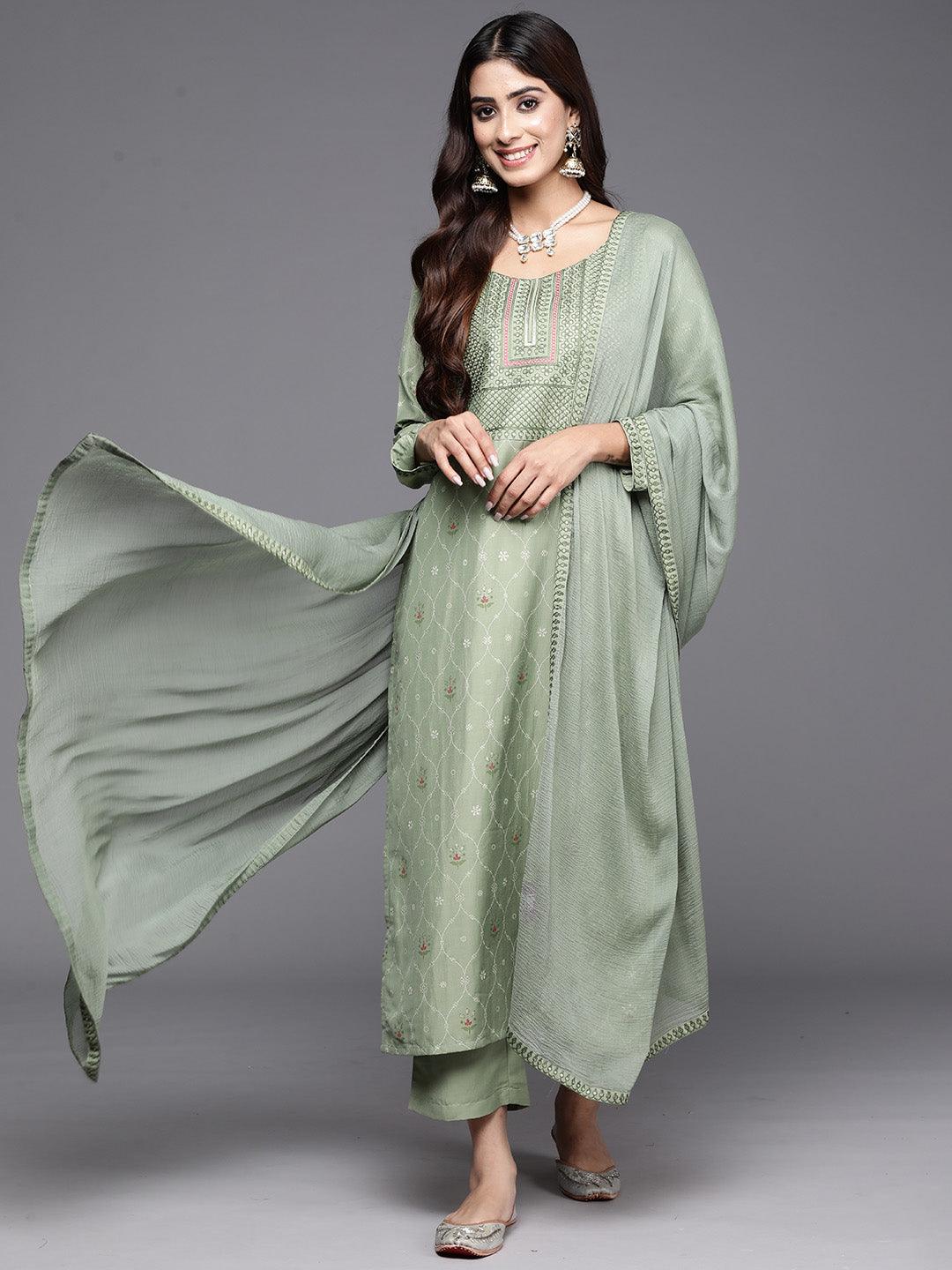 Green Printed Silk Blend Straight Kurta With Trousers & Dupatta - Libas