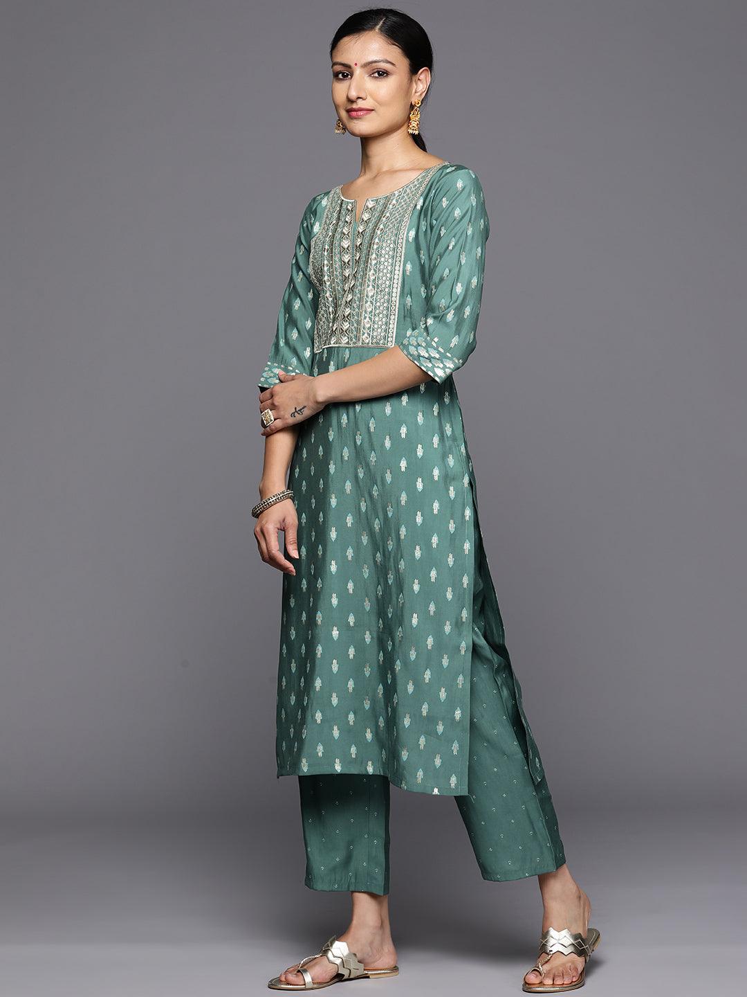 Green Printed Silk Blend Straight Kurta With Trousers & Dupatta - Libas