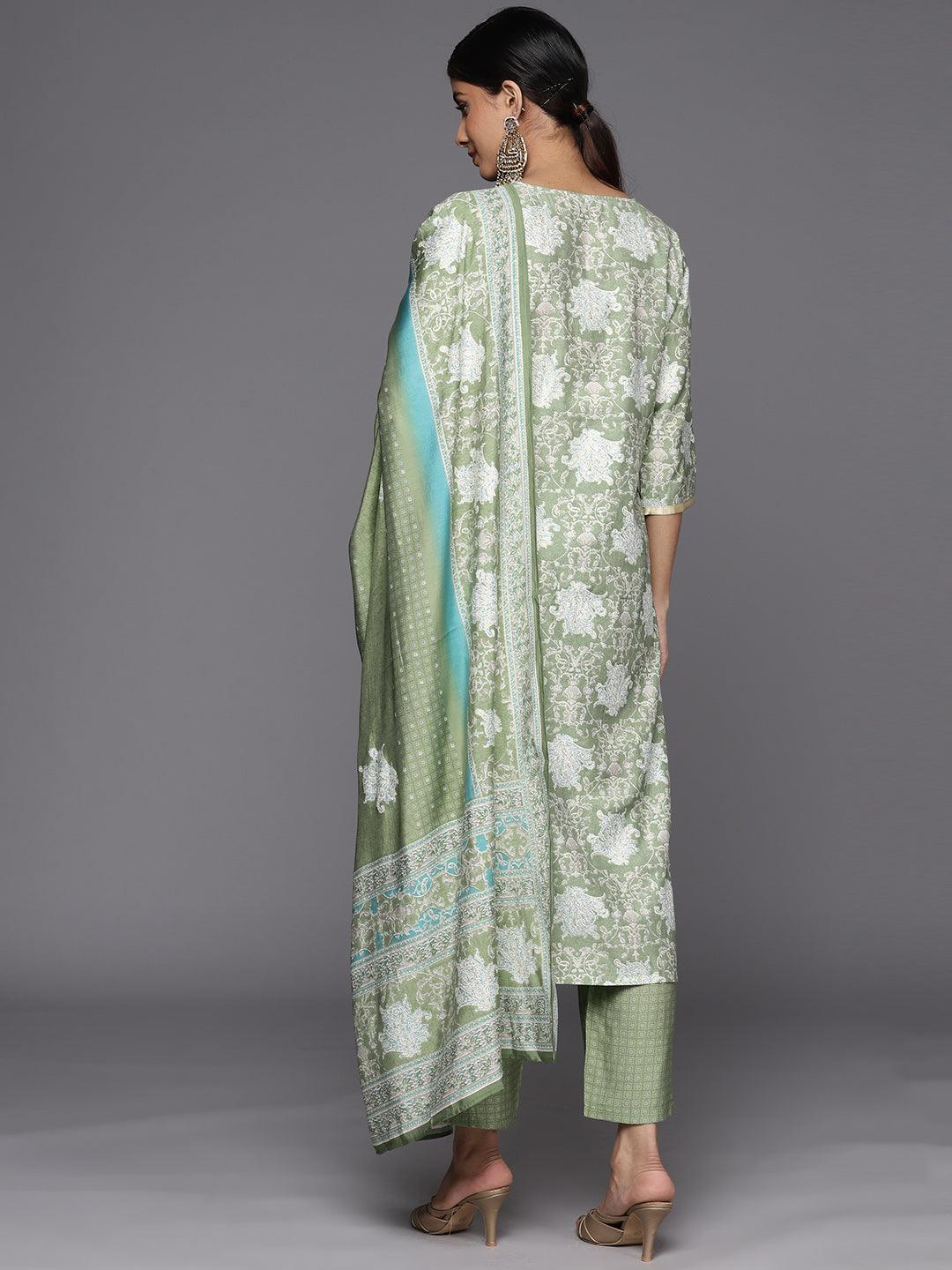 Green Printed Silk Blend Straight Suit Set With Trousers - Libas 