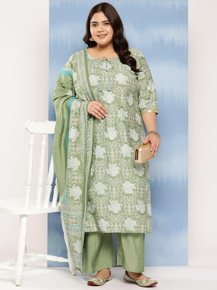 Green Printed Silk Blend Straight Kurta With Trousers and Dupatta - Libas