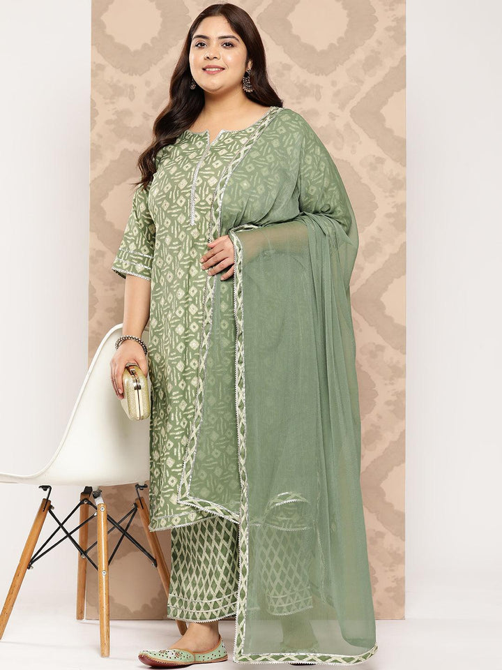 Green Printed Silk Blend Straight Kurta With Trousers and Dupatta - Libas