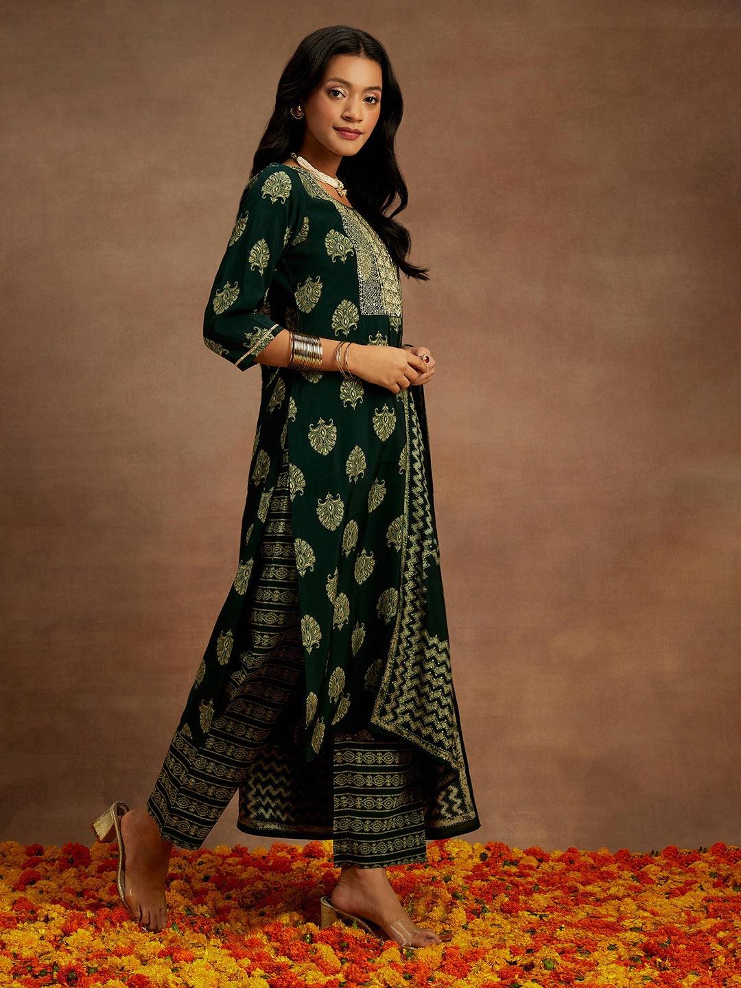 Green Printed Silk Blend Straight Kurta With Trousers & Dupatta - Libas 