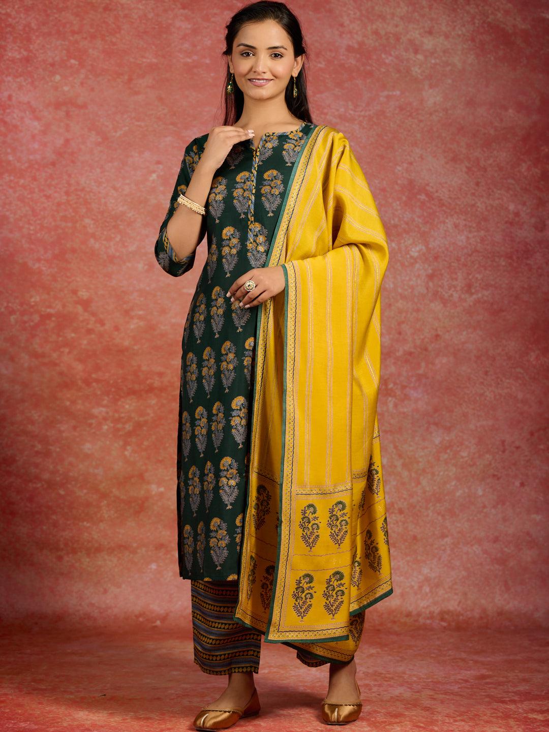 Green Printed Silk Blend Straight Kurta With Trousers & Dupatta - Libas 