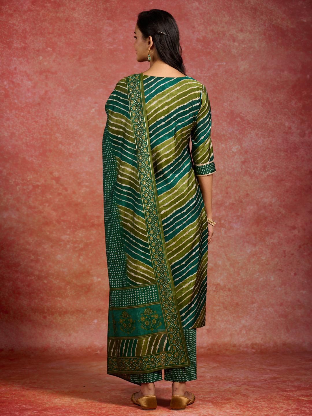 Green Printed Silk Blend Straight Kurta With Trousers & Dupatta - Libas 