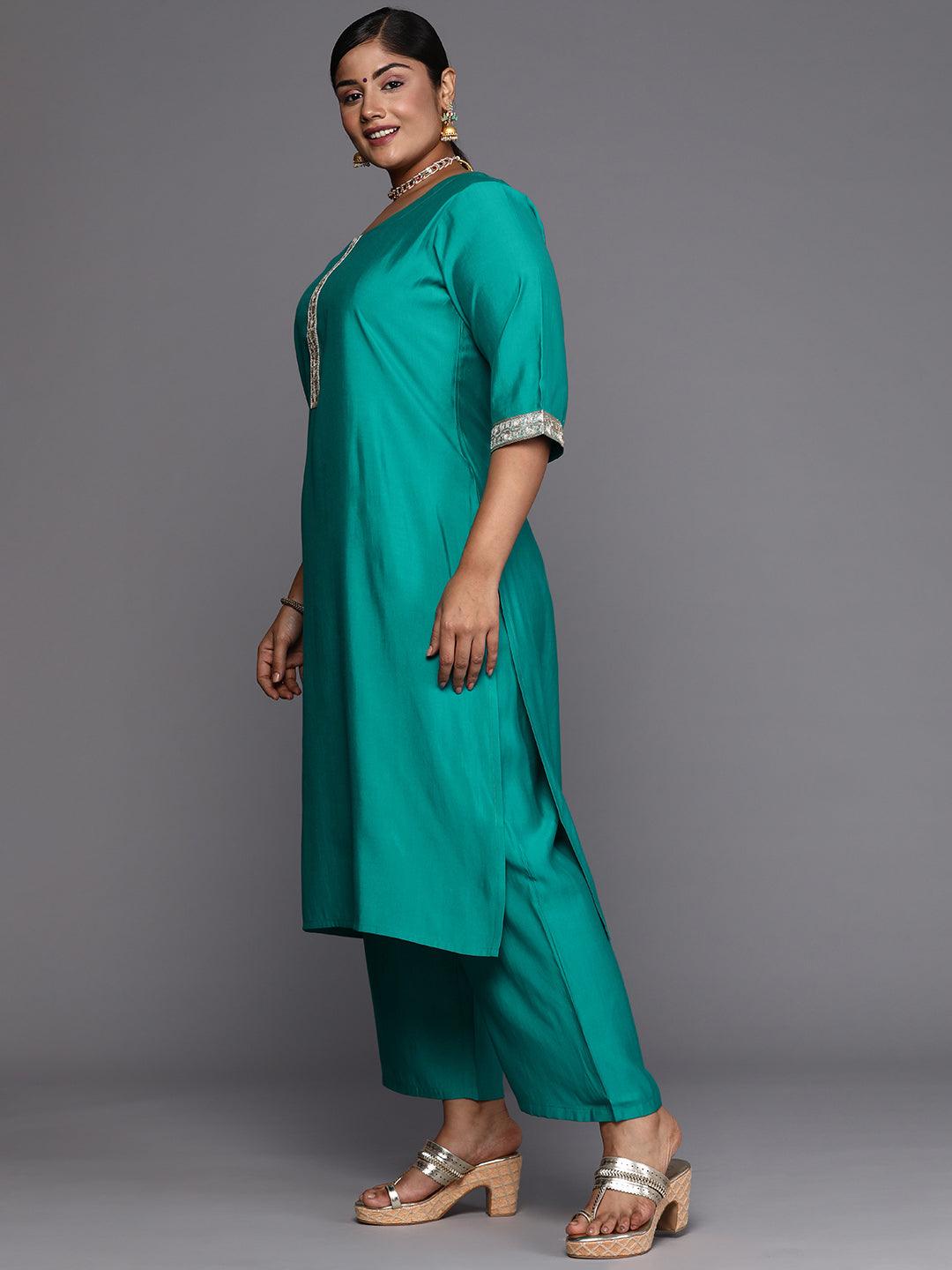 Green Printed Silk Blend Straight Kurta With Trousers & Dupatta - Libas