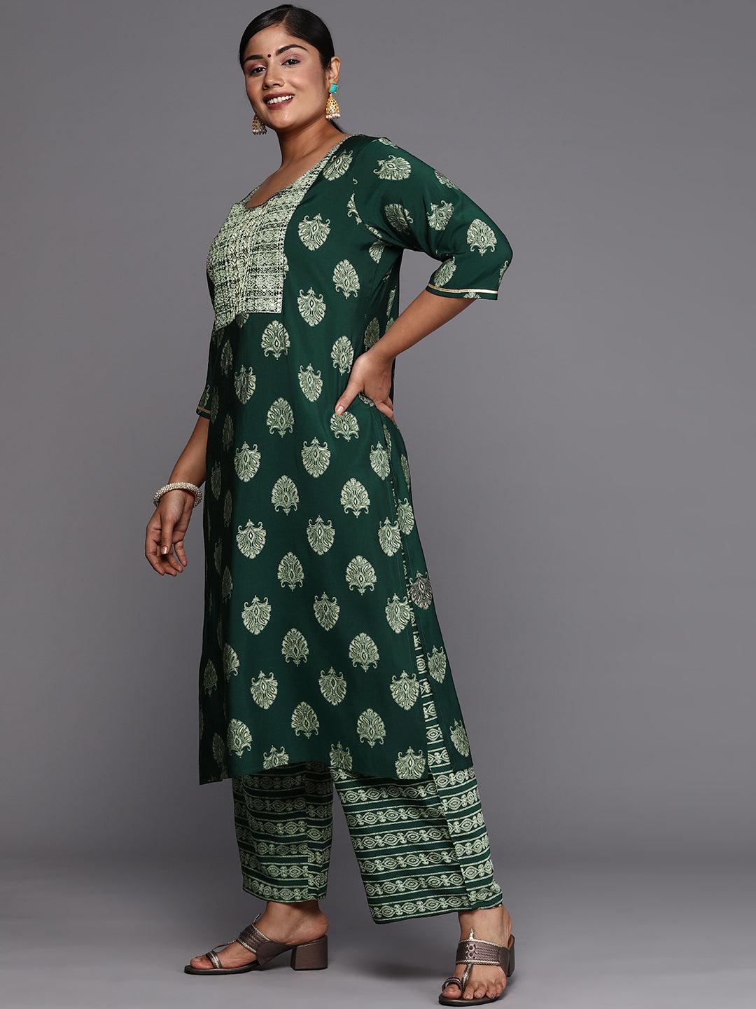 Green Printed Silk Blend Straight Kurta With Trousers & Dupatta - Libas