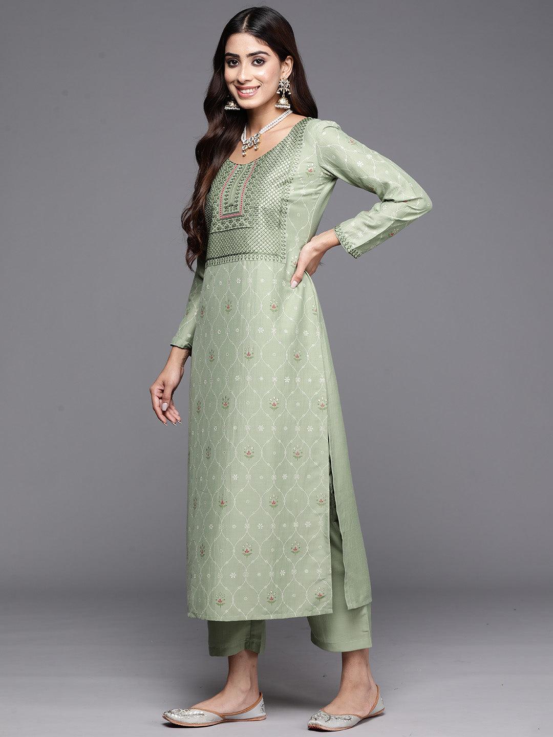 Green Printed Silk Blend Straight Kurta With Trousers & Dupatta - Libas