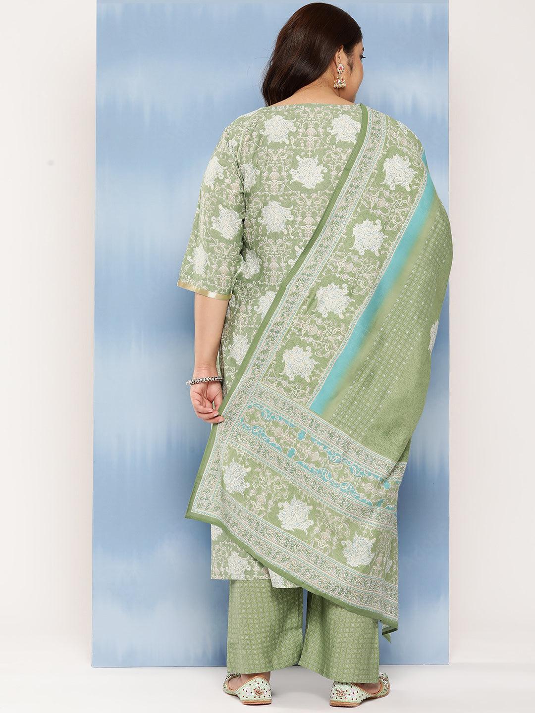 Green Printed Silk Blend Straight Kurta With Trousers and Dupatta - Libas